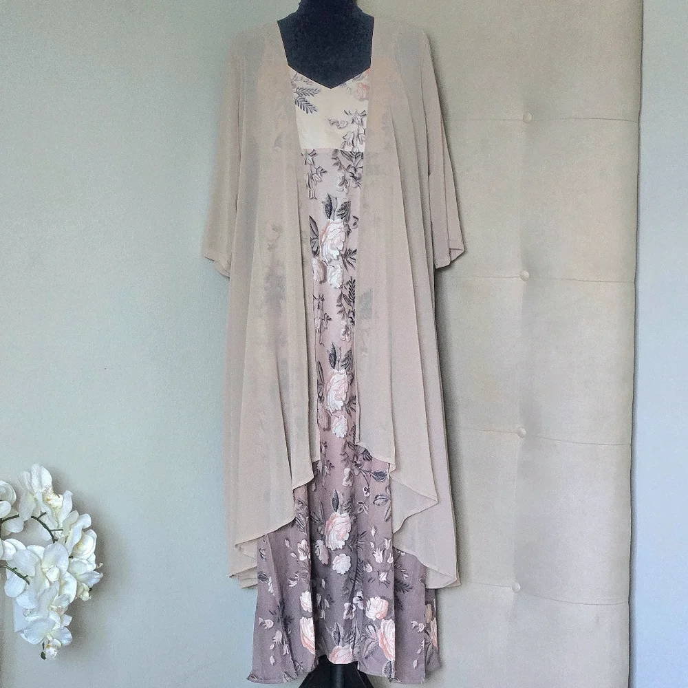 NWOT Floral 2 Piece Maxi Dress & Duster Set-Champagne/Coffee, Sleeveless Vneck - Picture 2 of 13